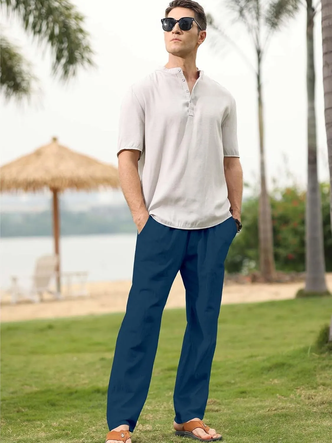 MorwenVeo Men's Linen Pants Casual Drawstring Yoga Beach Trousers Lightweight Loose Fit Elastic Waist Summer Pant
