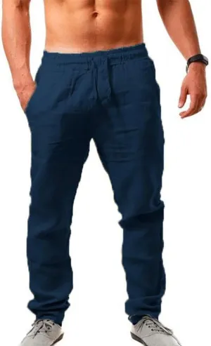 MorwenVeo Men's Linen Pants Casual Drawstring Yoga Beach Trousers Lightweight Loose Fit Elastic Waist Summer Pant