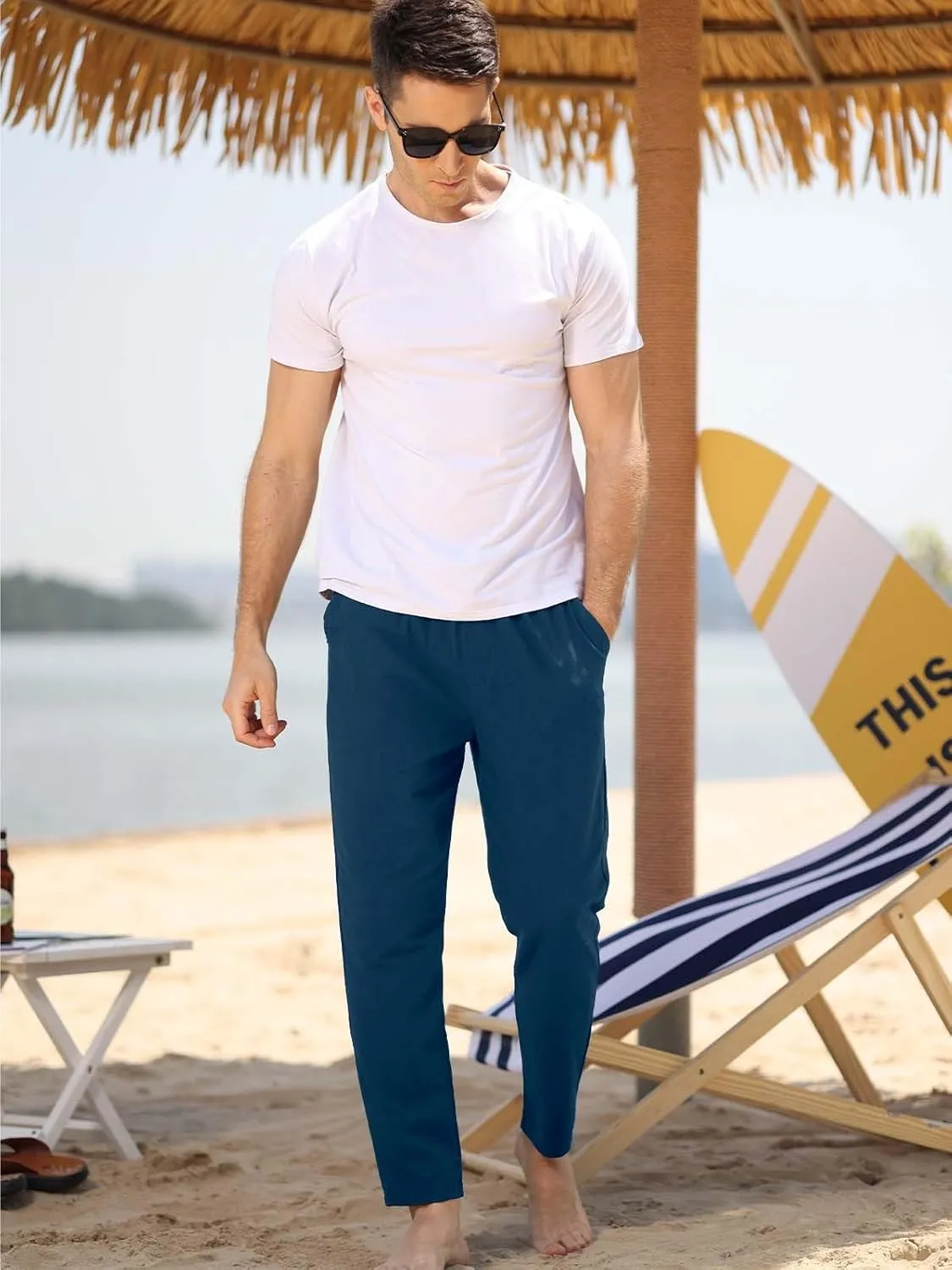MorwenVeo Men's Linen Pants Casual Drawstring Yoga Beach Trousers Lightweight Loose Fit Elastic Waist Summer Pant