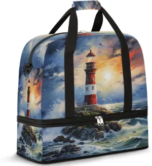 Nautical Lighthouse Travel Duffel Bag for Women Men, Ocean Oil Painting Sports Gym Bag with Shoes Compartment Foldable Overnight Bag Weekender Tote Workout Carry On Luggage Bag