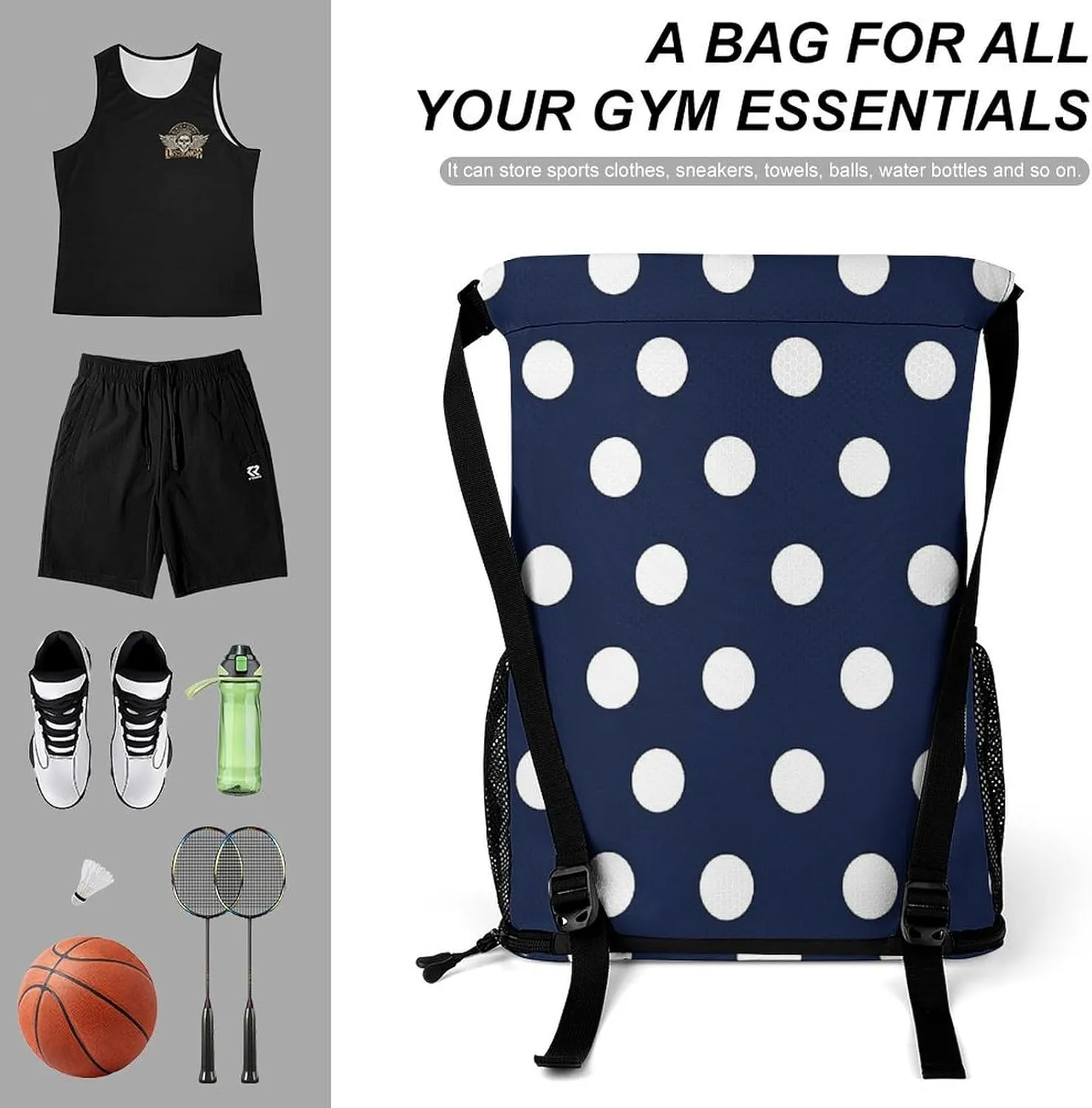 Navy Blue And White Polka Dot Sports Bundle Pocket with Dry Wet Separation Unisex