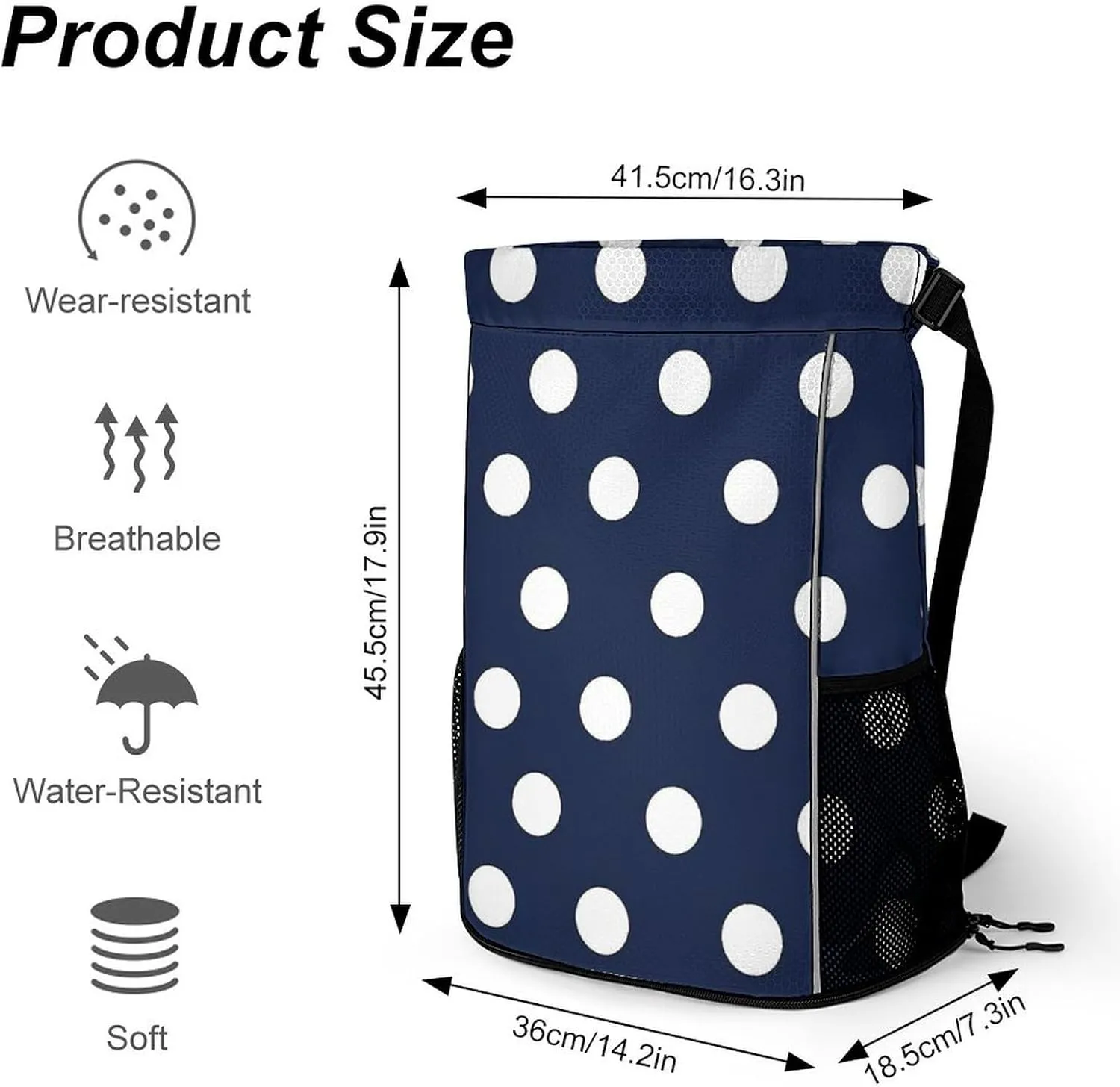 Navy Blue And White Polka Dot Sports Bundle Pocket with Dry Wet Separation Unisex