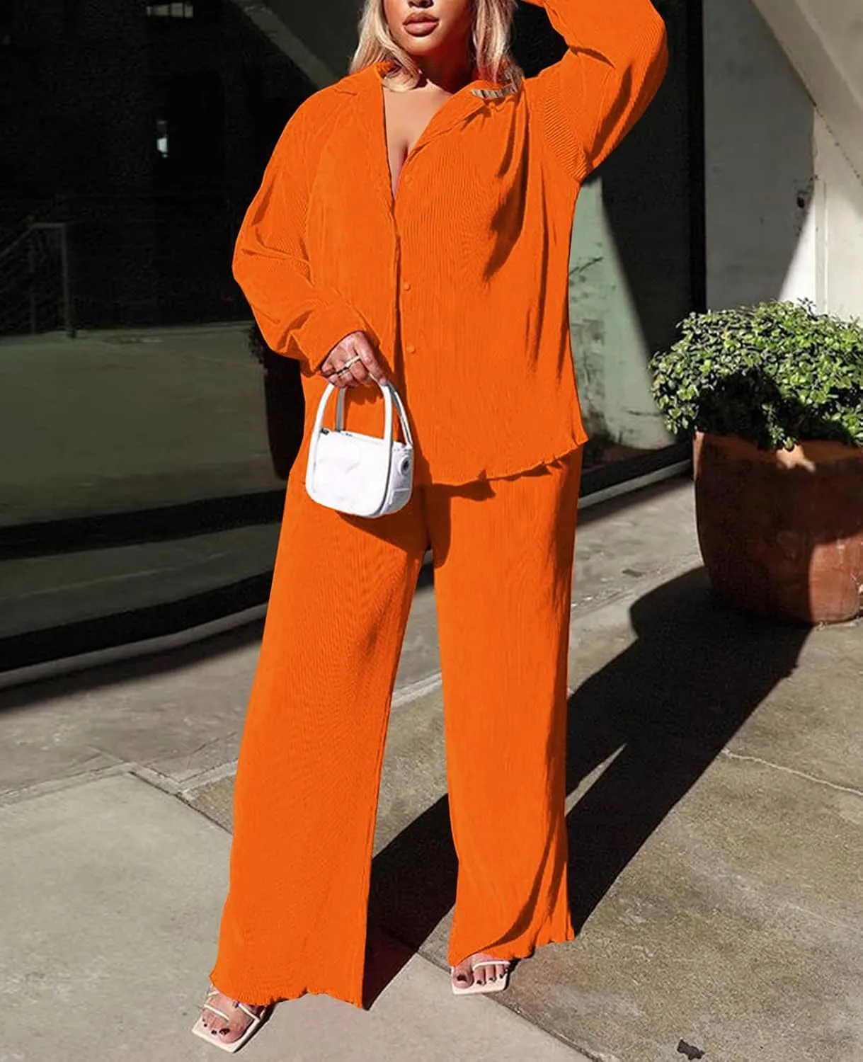 Neyaolk Women Pleated 2 Piece Pants Outfits Casual Loose Button Shirt Blouse Top Long Wide Leg Palazzo Pants Set Jumpsuit