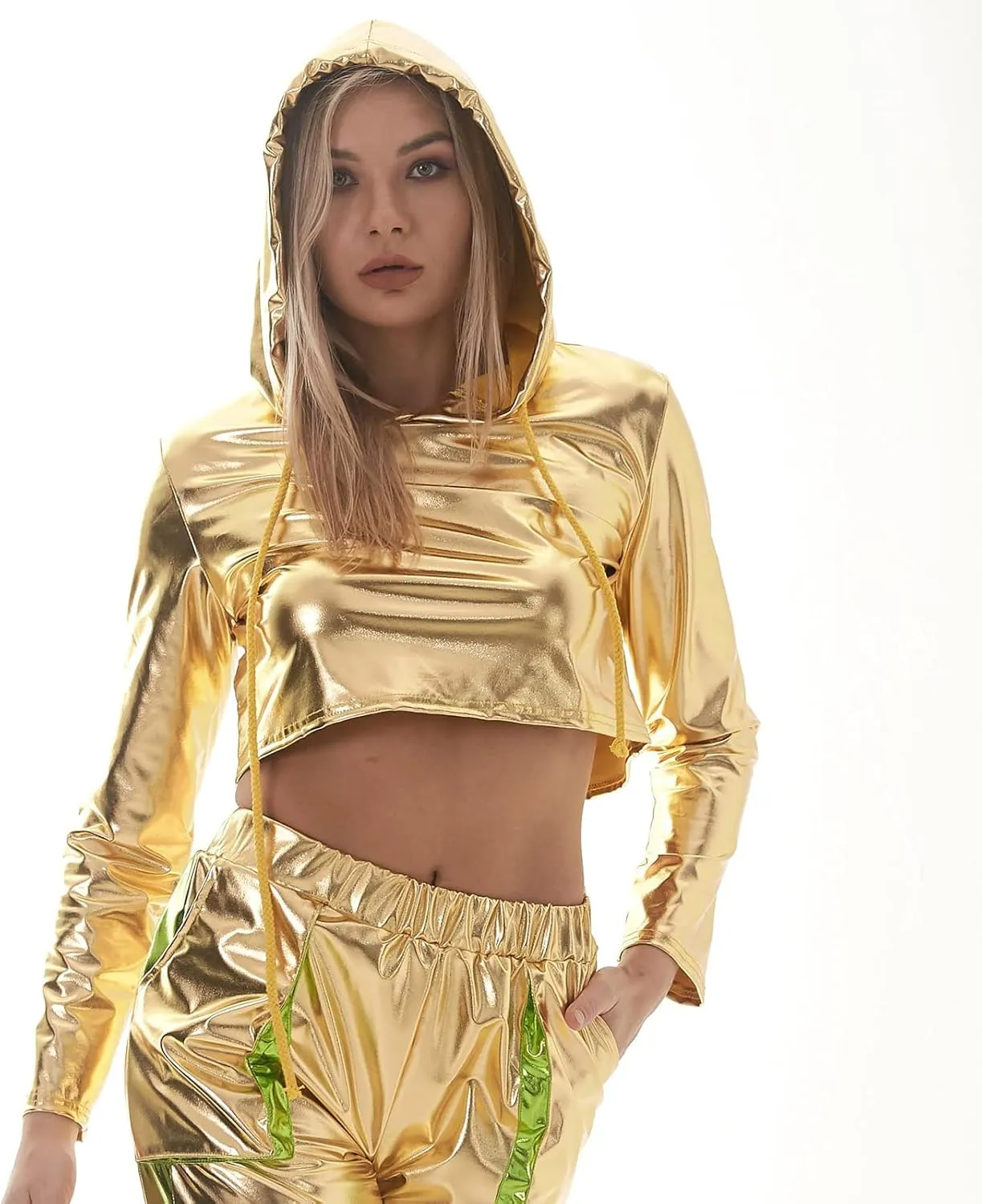 OBEEII Womens Shiny Metallic Crop Top Hoodies Drawstring Long Sleeve Wet Look Pullover Holographic Sweatshirts Club Wear