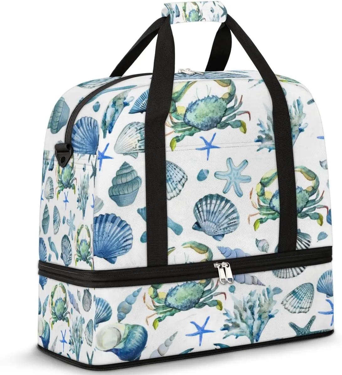 Ocean Animal Travel Duffel Bag for Women Men, Sports Gym Bag with Shoes Compartment Beach Shells Foldable Overnight Bag Weekender Tote Workout Carry On Luggage Bag