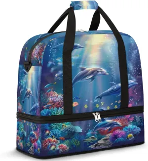 Ocean Dolphin Travel Duffel Bag for Women Men, Sports Gym Bag with Shoes Compartment Sea Fish Coral Foldable Overnight Bag Weekender Tote Workout Carry On Luggage Bag