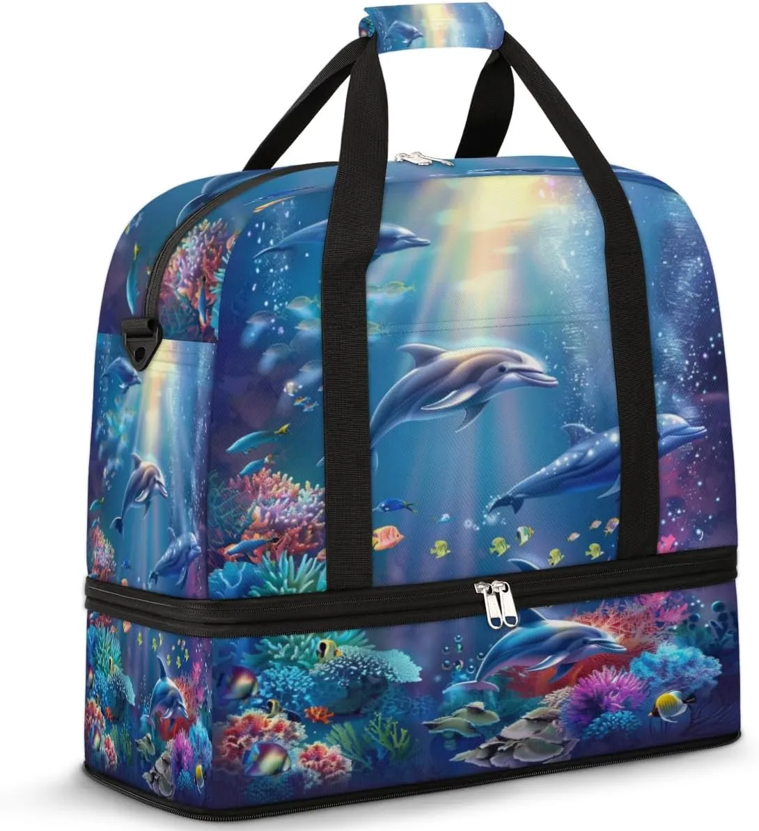 Ocean Dolphin Travel Duffel Bag for Women Men, Sports Gym Bag with Shoes Compartment Sea Fish Coral Foldable Overnight Bag Weekender Tote Workout Carry On Luggage Bag