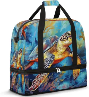 Ocean Turtle Travel Duffel Bag for Women Men, Sea Turtle Coral Sports Gym Bag with Shoes Compartment Foldable Overnight Bag Weekender Tote Workout Carry On Luggage Bag