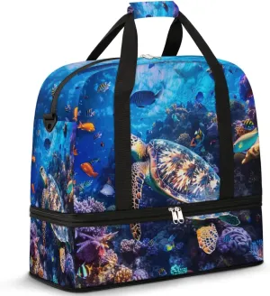 Ocean Turtle Travel Duffel Bag for Women Men, Tropical Coral Fish Sports Gym Bag with Shoes Compartment Foldable Overnight Bag Weekender Tote Workout Carry On Luggage Bag