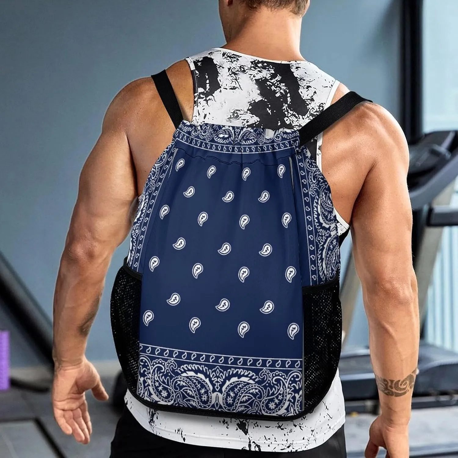 Paisley Navy Blue Pattern Sports Backpack with Large Mouth Design And Dry Wet Separation for Unisex