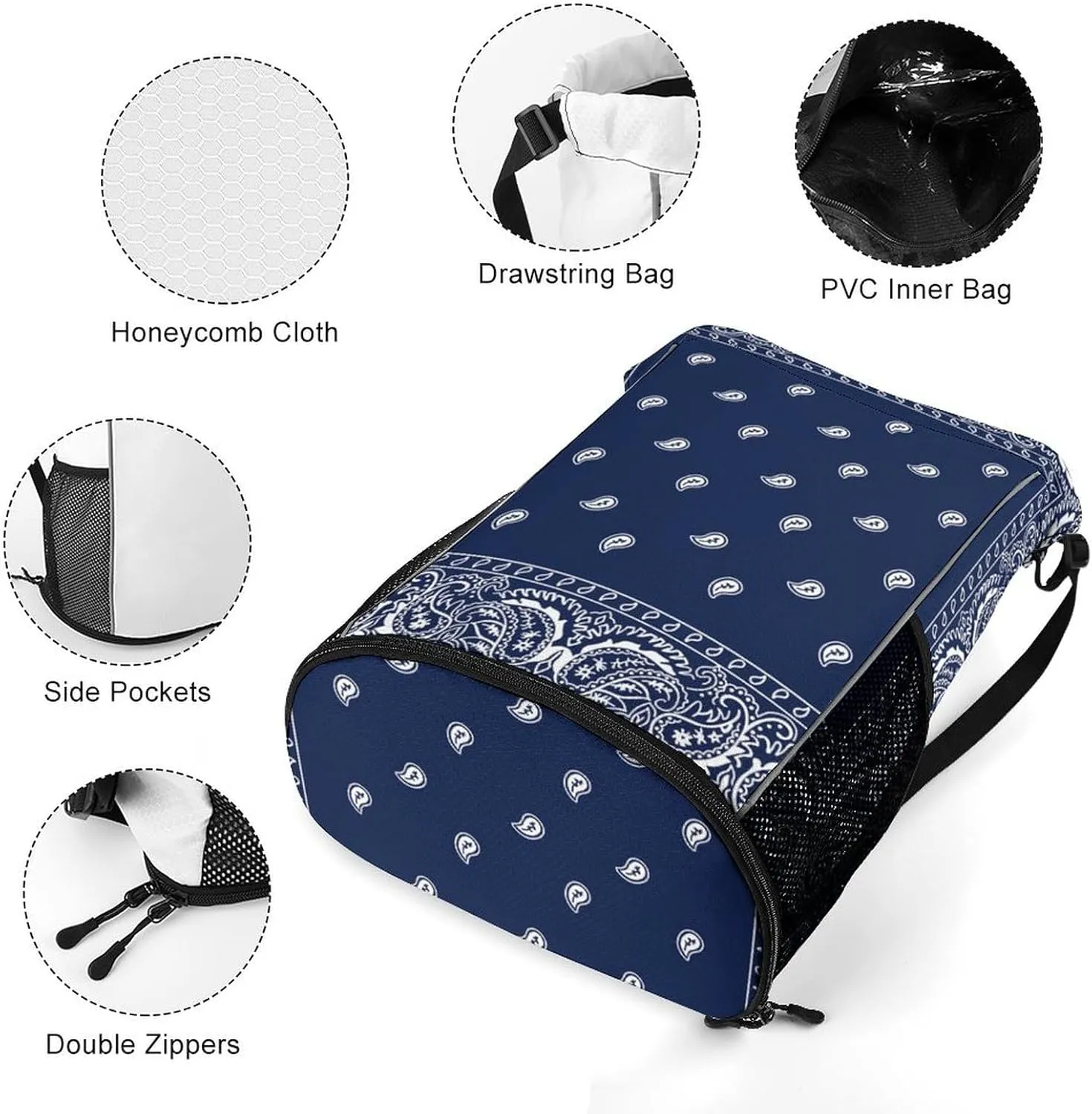 Paisley Navy Blue Pattern Sports Backpack with Large Mouth Design And Dry Wet Separation for Unisex