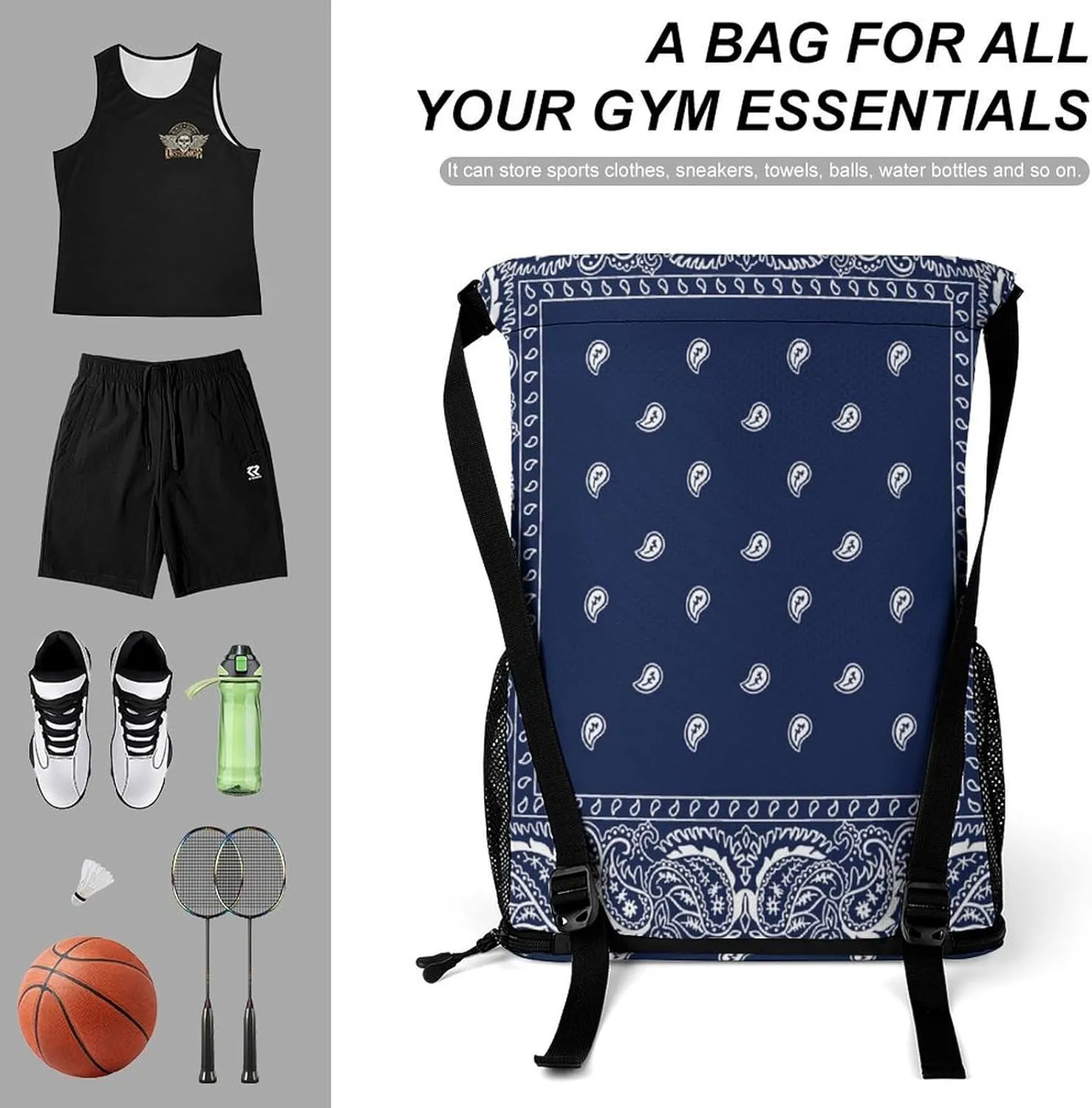 Paisley Navy Blue Pattern Sports Backpack with Large Mouth Design And Dry Wet Separation for Unisex