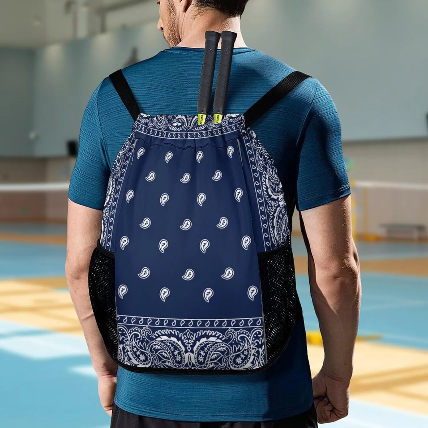 Paisley Navy Blue Pattern Sports Backpack with Large Mouth Design And Dry Wet Separation for Unisex