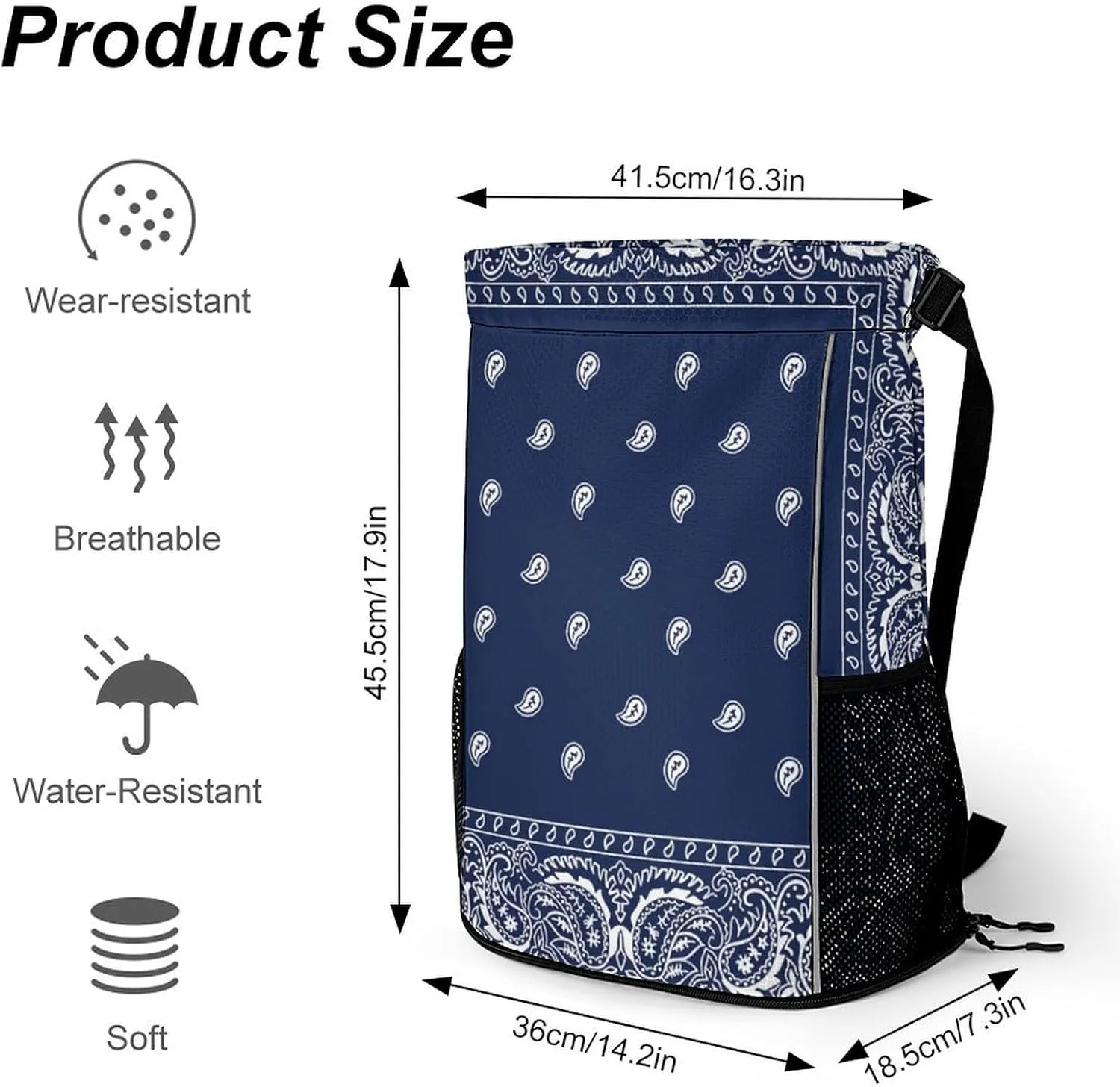Paisley Navy Blue Pattern Sports Backpack with Large Mouth Design And Dry Wet Separation for Unisex