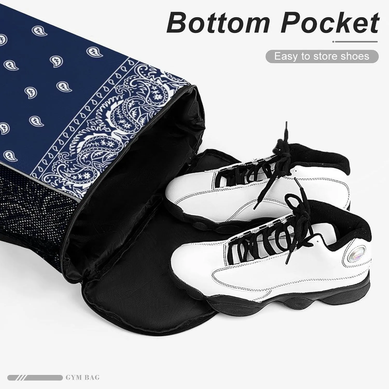 Paisley Navy Blue Pattern Sports Backpack with Large Mouth Design And Dry Wet Separation for Unisex