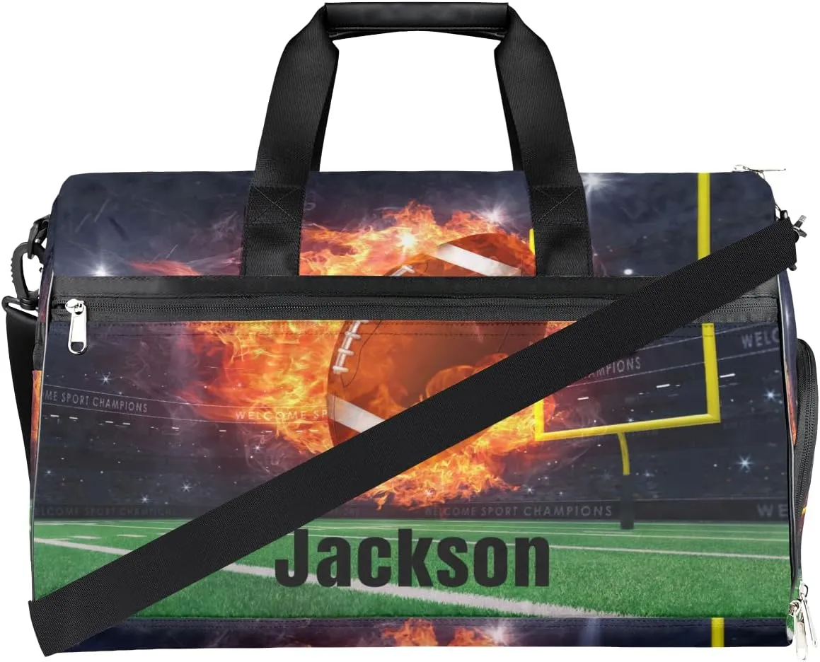 Personalized Fire American Football Sport Duffel Bag with Shoes Compartment, Custom Name Sport Ball Field Gym Duffle Bag for Boys Men Travel Bag Overnight Weekender Bag
