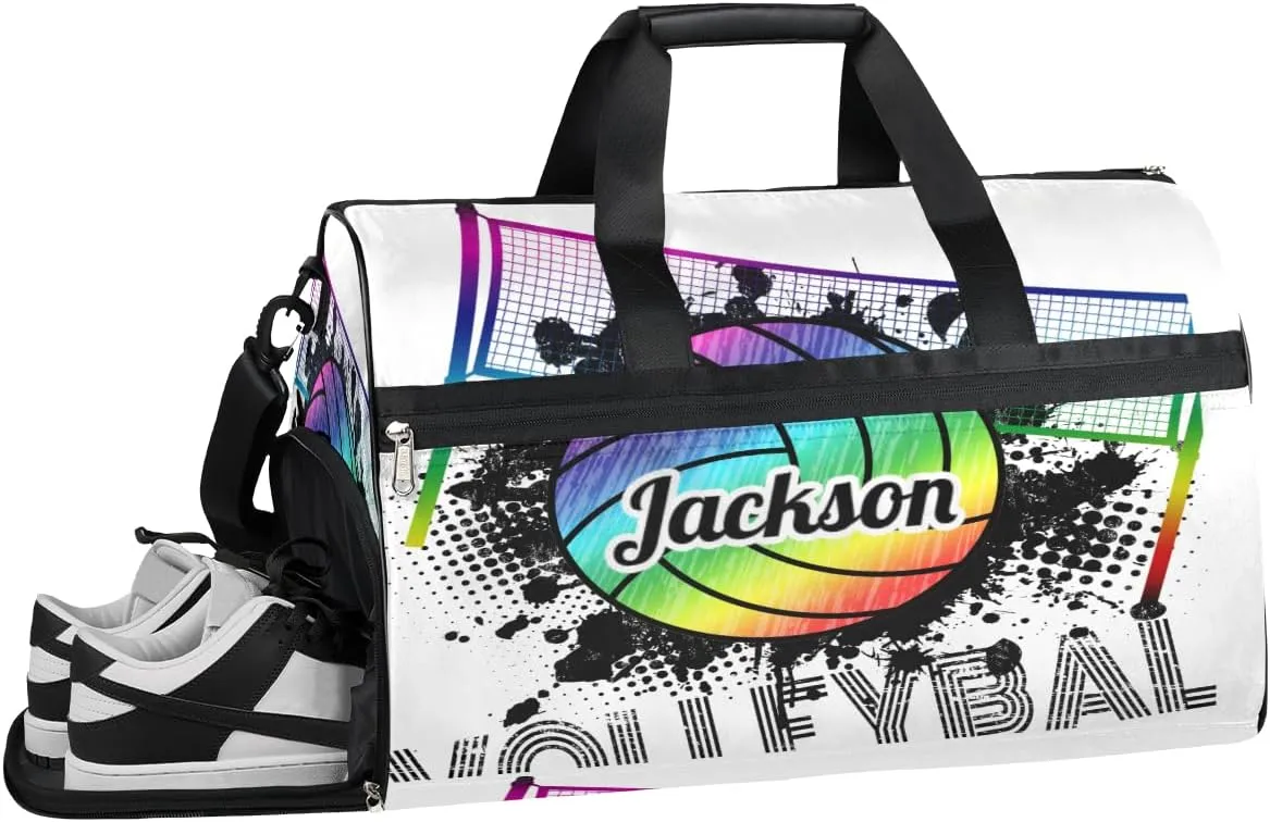 Personalized Gym Bag for Boys Men, Personalized Custom Sports Duffle Bag with Shoes Compartment, Customized Dance Bag Weekender Overnight Bag Travel Duffel Bag, Sports Rainbow Volleyball