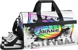 Personalized Gym Bag for Boys Men, Personalized Custom Sports Duffle Bag with Shoes Compartment, Customized Dance Bag Weekender Overnight Bag Travel Duffel Bag, Sports Rainbow Volleyball