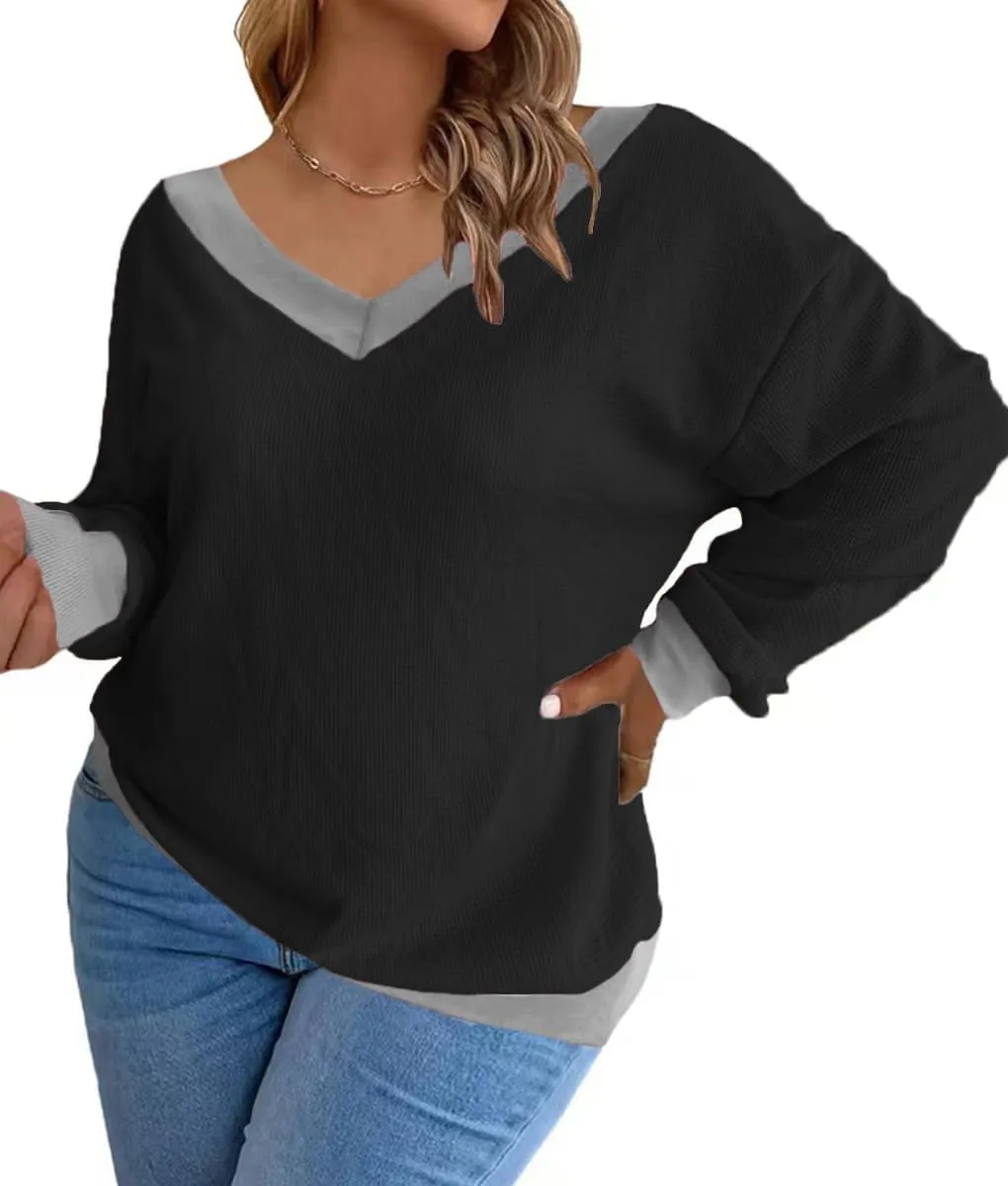 Plus-Size-Sweaters for Women Long Sleeve Waffle Knit V Neck Pullover Tops 1X-5X