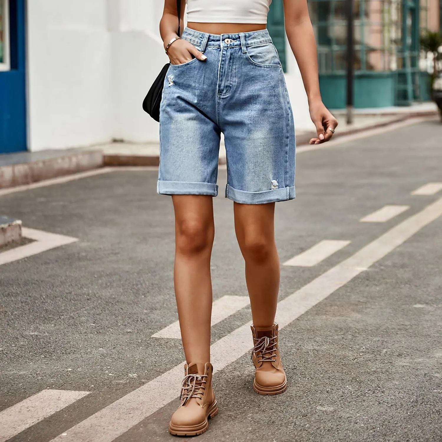 POHADON Womens Jean Shorts Bermuda Shorts Knee Length 2025 Trendy Y2k High Waisted Wide Leg Casual Summer Shorts with Pockets