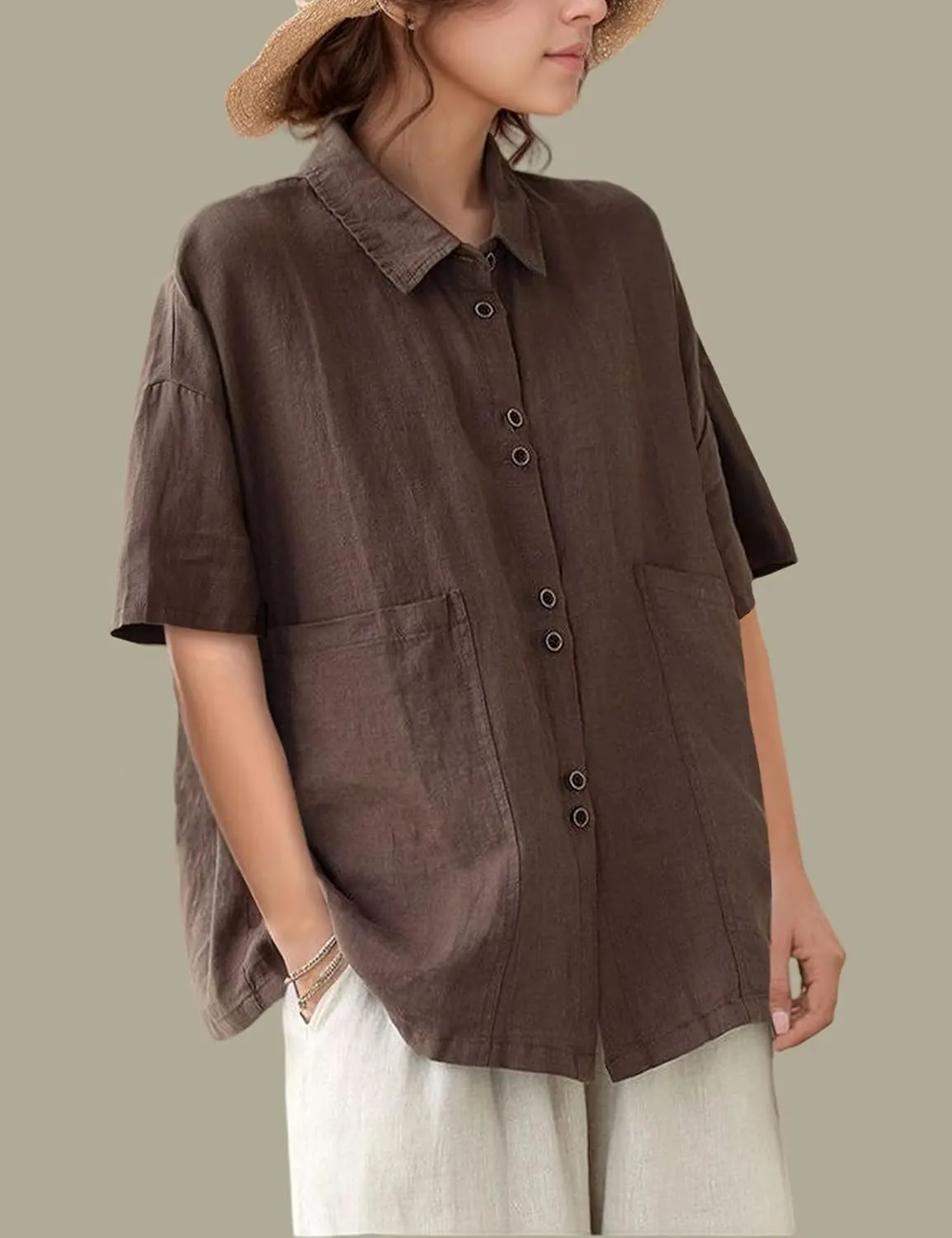 QIBABU Linen Button Down Shirt for Women Casual Half Sleeve Blouses Summer Collared Tops