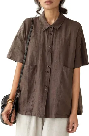 QIBABU Linen Button Down Shirt for Women Casual Half Sleeve Blouses Summer Collared Tops