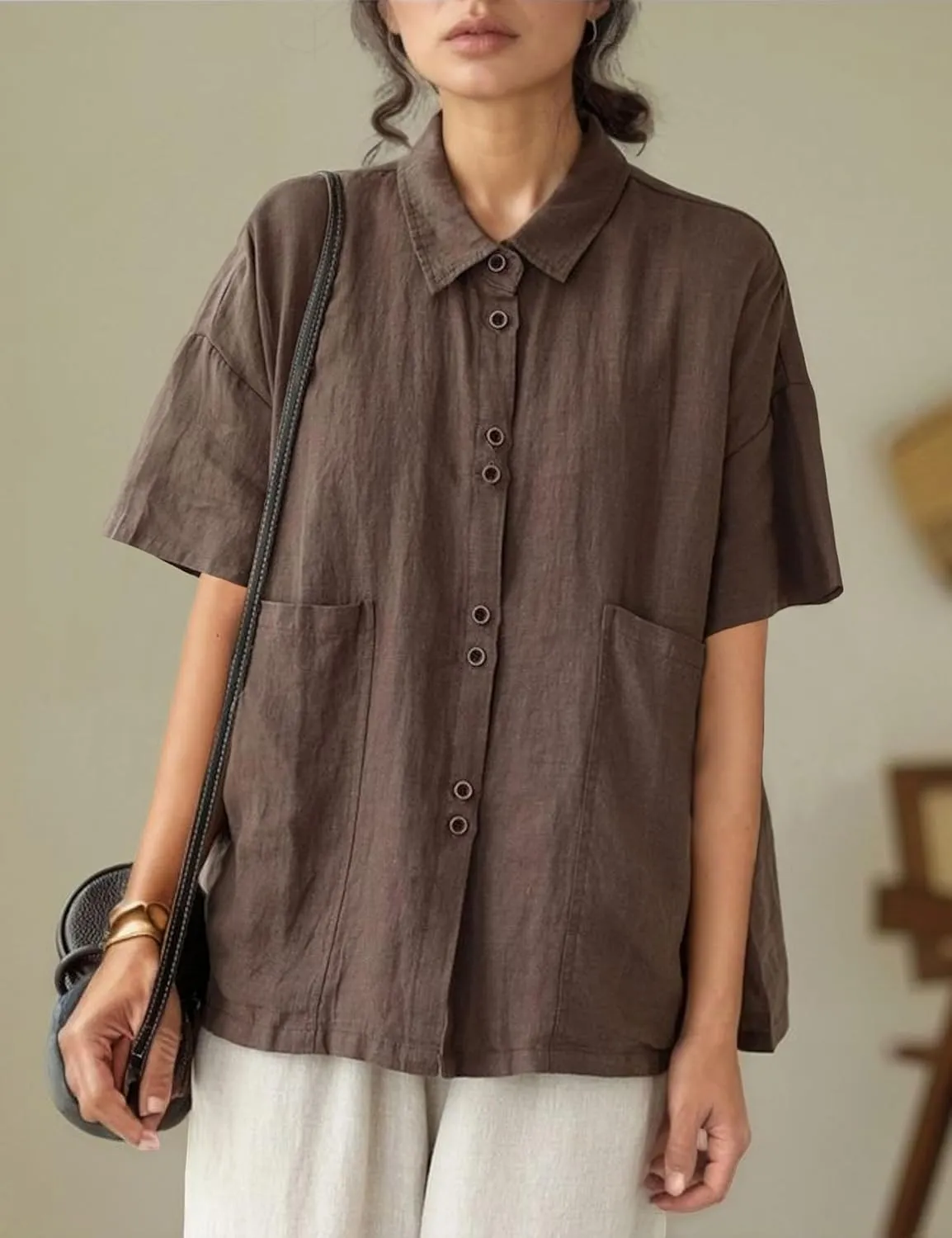 QIBABU Linen Button Down Shirt for Women Casual Half Sleeve Blouses Summer Collared Tops