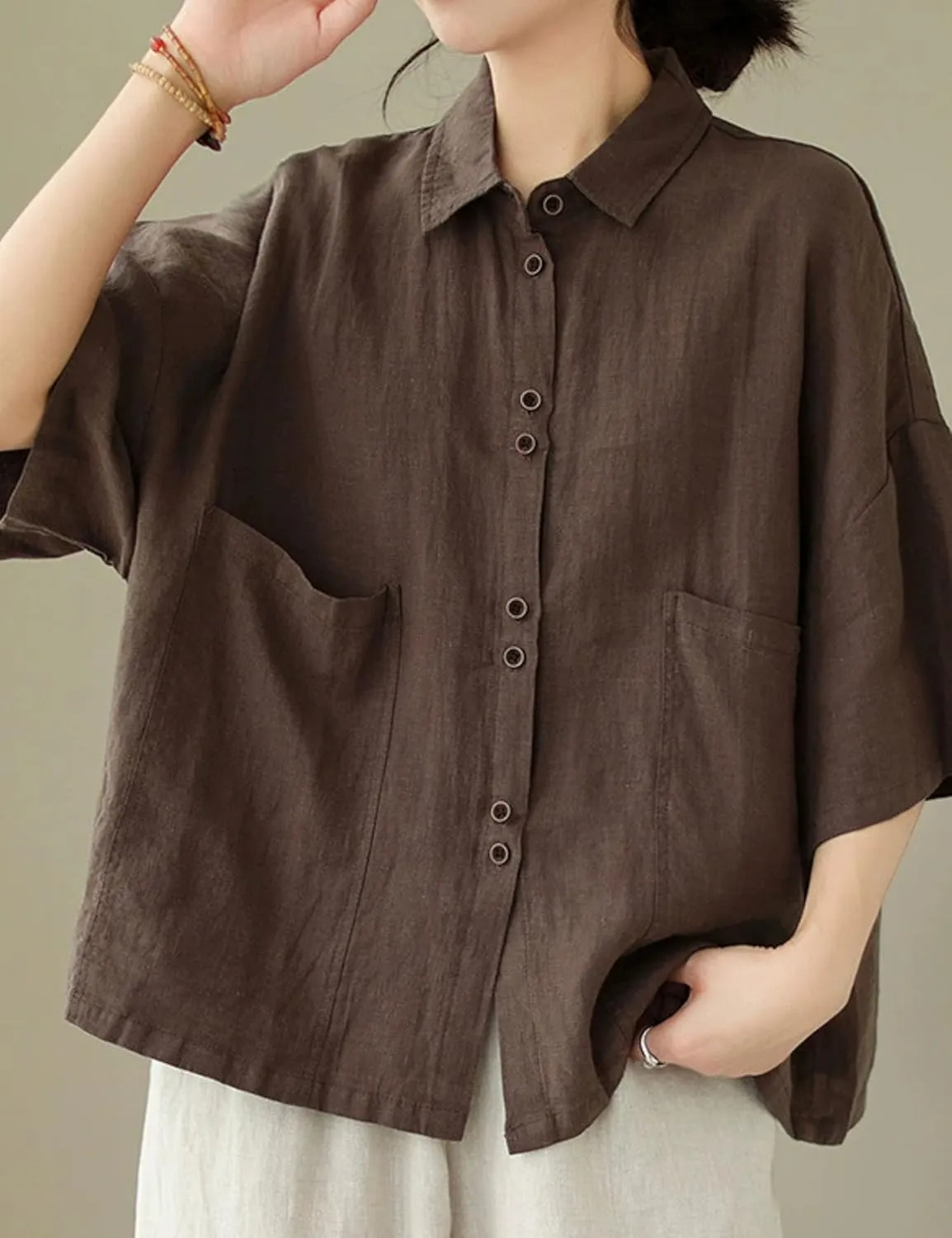 QIBABU Linen Button Down Shirt for Women Casual Half Sleeve Blouses Summer Collared Tops