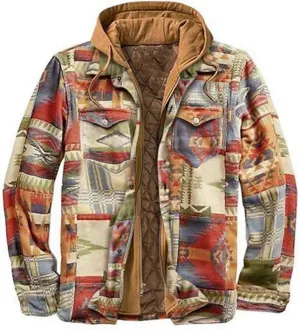 QWENTMTNTY Winter Thermal Graphic Hoodies for Men Zip Up Fleece Quilted Flannel Shirt Jackets Vintage Hooded Streetwear with Pocket