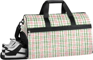 Red And Green Striped Checkerboard Resistant Sports Gym Bag for Women Men Travel Duffel bag with Wet Pocket & Shoes Compartment Waterproof Weekender Bag 19.7"x9.9"x13"