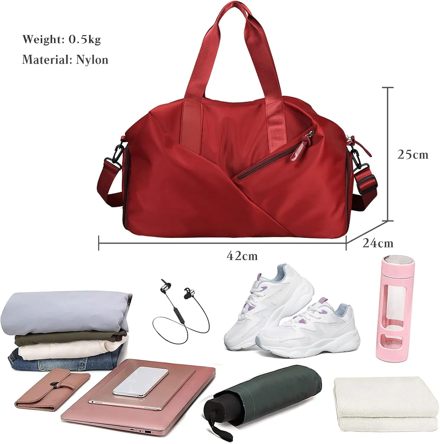 Red Duffel Bag for Women/Men, Large Capacity, Ultra-Light, Sport, Gym, Travel, Overnight, Weekend, Shoulder Bag, Carry On Luggage with Shoes Compartment and Wet Pocket