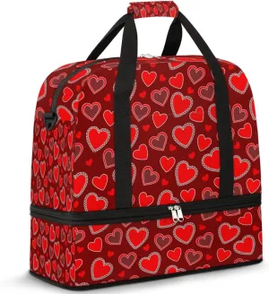 Red Heart Travel Duffle Bag Durable Weekender Bag with Shoes Compartment Lightweight Overnight Bag Sports Dance Gym Tote Bag for Women and Men Carry on Luggage
