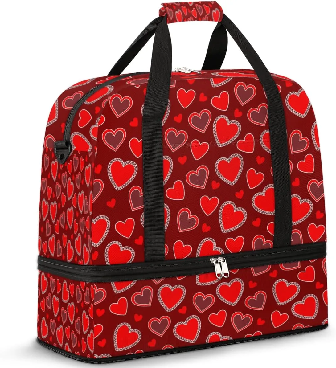 Red Heart Travel Duffle Bag Durable Weekender Bag with Shoes Compartment Lightweight Overnight Bag Sports Dance Gym Tote Bag for Women and Men Carry on Luggage