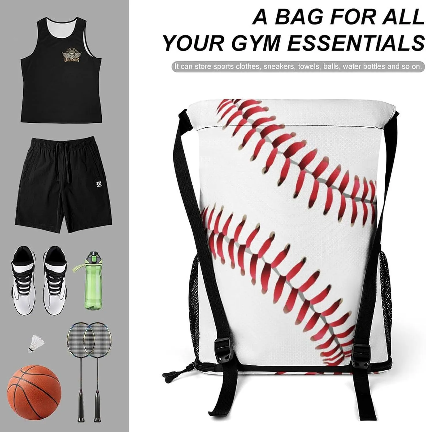 Red Line White Baseball Sports Bundle Pocket with Dry Wet Separation Unisex
