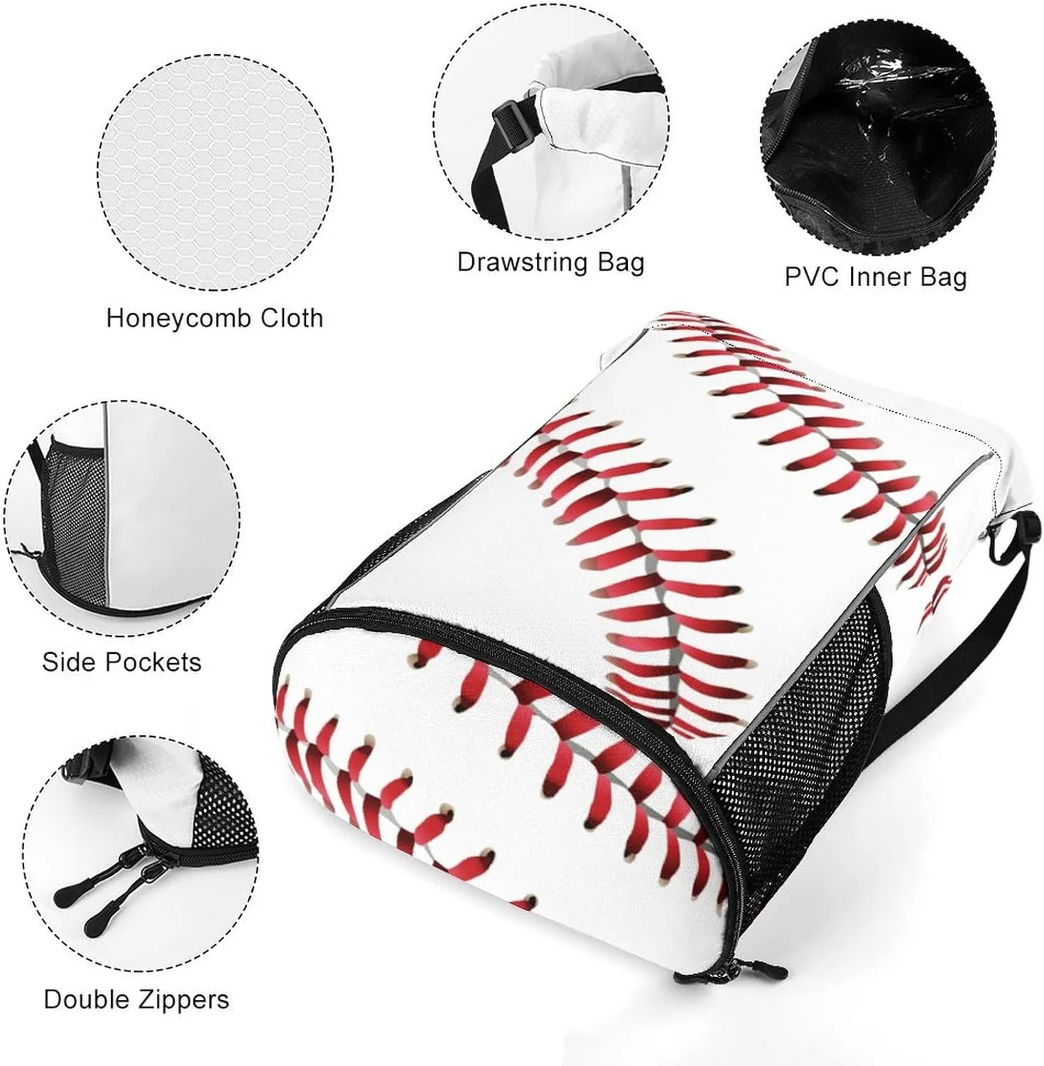 Red Line White Baseball Sports Bundle Pocket with Dry Wet Separation Unisex