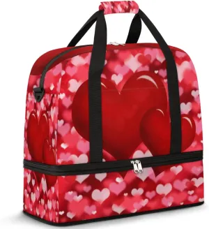 Red Love Hearts Travel Duffle Bag Durable Weekender Bag with Shoes Compartment Lightweight Overnight Bag Sports Dance Gym Tote Bag for Women and Men Carry on Luggage