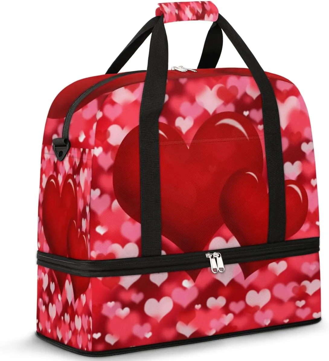 Red Love Hearts Travel Duffle Bag Durable Weekender Bag with Shoes Compartment Lightweight Overnight Bag Sports Dance Gym Tote Bag for Women and Men Carry on Luggage