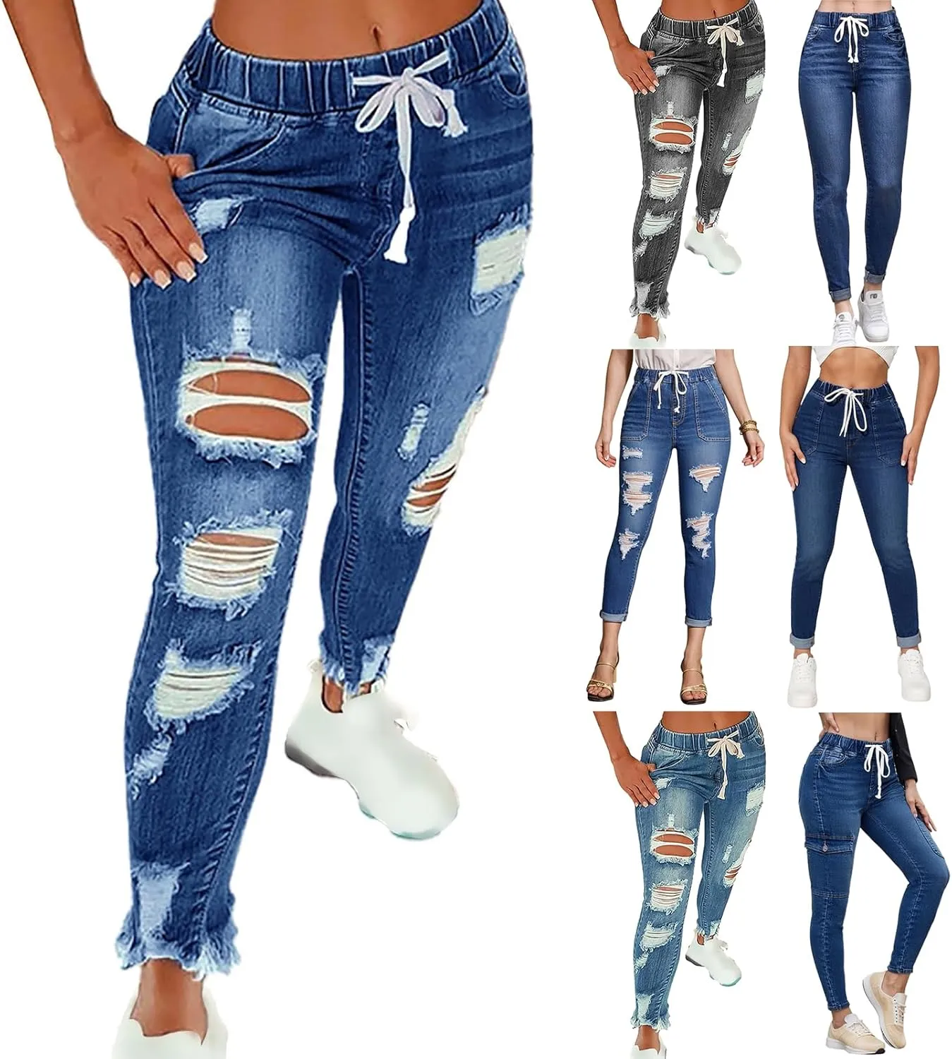 Ripped Jeans for Women Distressed High Waisted Drawstring Jeans Raw Hem Stretchy Denim Pants with Pockets Cropped Pants