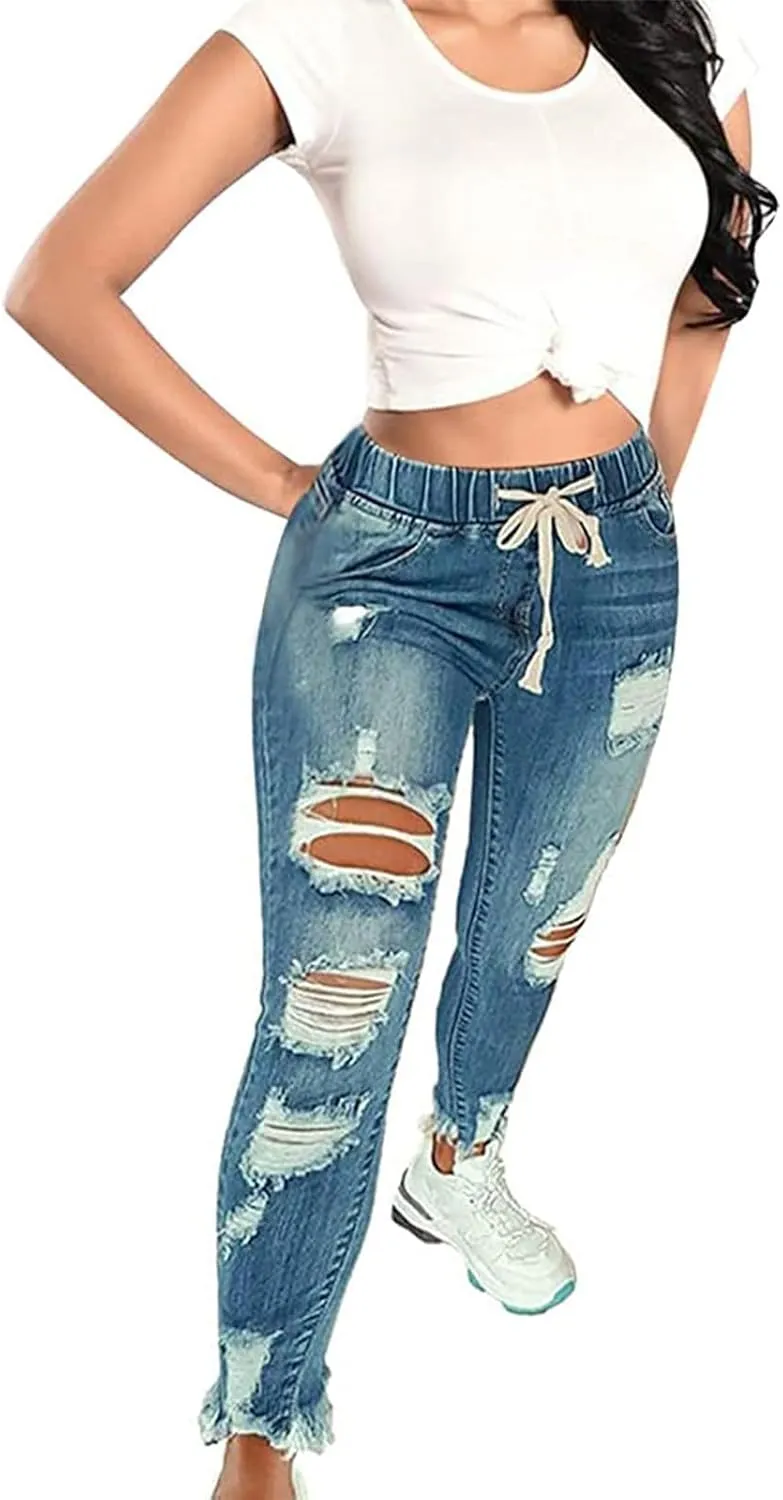 Ripped Jeans for Women Distressed High Waisted Drawstring Jeans Raw Hem Stretchy Denim Pants with Pockets Cropped Pants