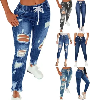 Ripped Jeans for Women Distressed High Waisted Drawstring Jeans Raw Hem Stretchy Denim Pants with Pockets Cropped Pants