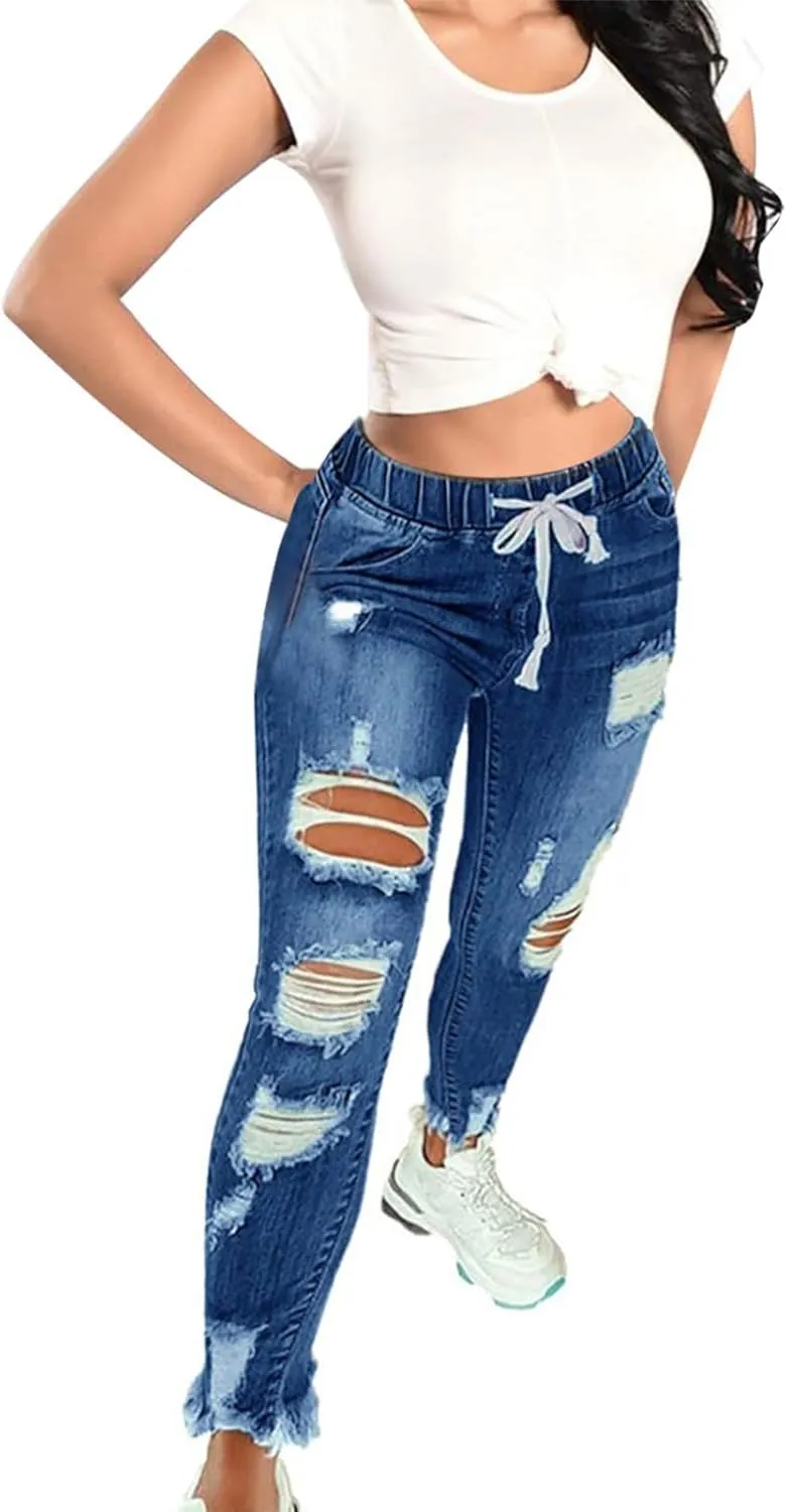 Ripped Jeans for Women Distressed High Waisted Drawstring Jeans Raw Hem Stretchy Denim Pants with Pockets Cropped Pants