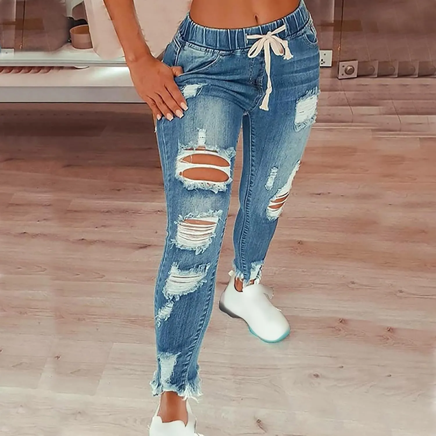Ripped Jeans for Women Distressed High Waisted Drawstring Jeans Raw Hem Stretchy Denim Pants with Pockets Cropped Pants