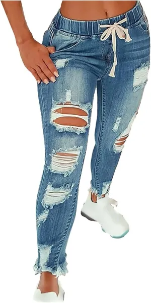 Ripped Jeans for Women Distressed High Waisted Drawstring Jeans Raw Hem Stretchy Denim Pants with Pockets Cropped Pants