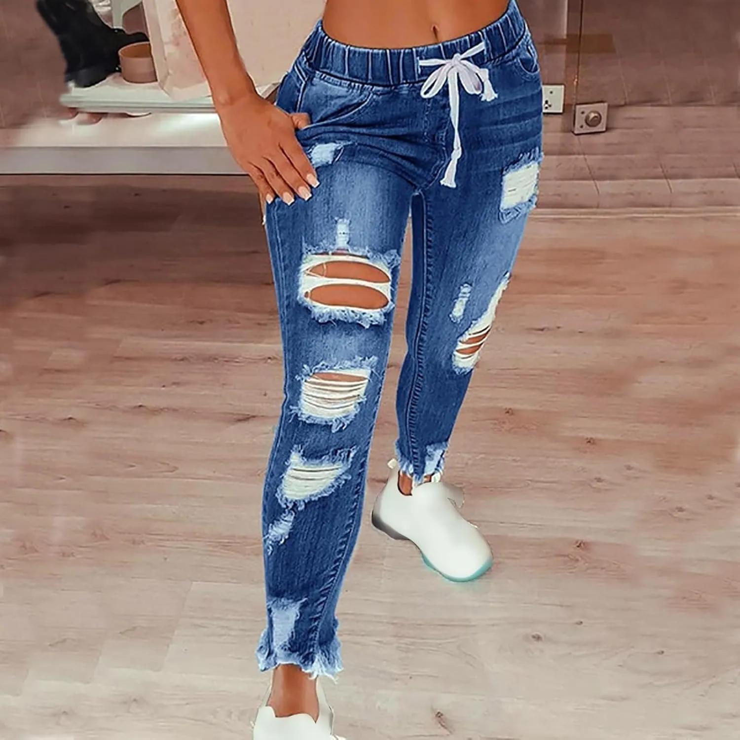 Ripped Jeans for Women Distressed High Waisted Drawstring Jeans Raw Hem Stretchy Denim Pants with Pockets Cropped Pants
