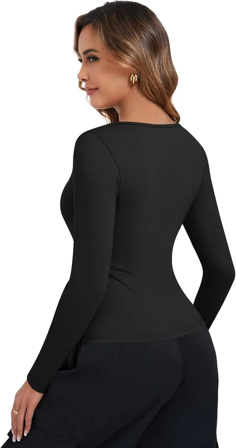 Riyiper 3 Pack Women's Long Sleeve Crop Tops Y2k Slim Fit Square Crew V Neck Shirts Casual Basics Layering