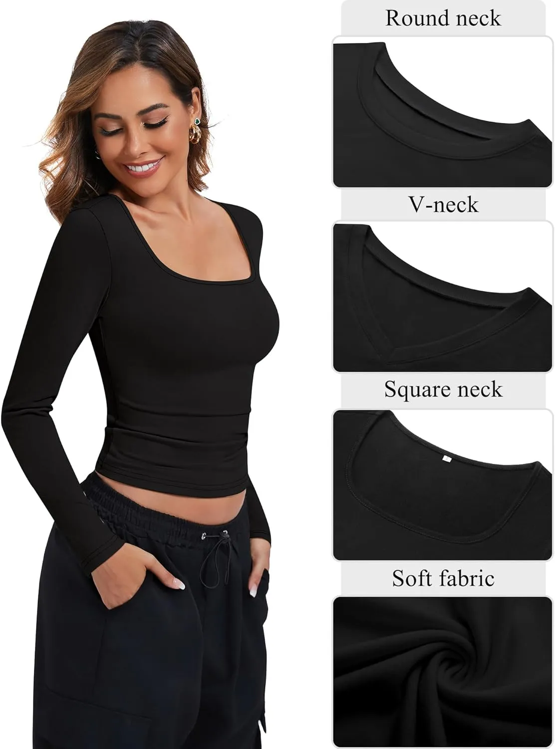 Riyiper 3 Pack Women's Long Sleeve Crop Tops Y2k Slim Fit Square Crew V Neck Shirts Casual Basics Layering