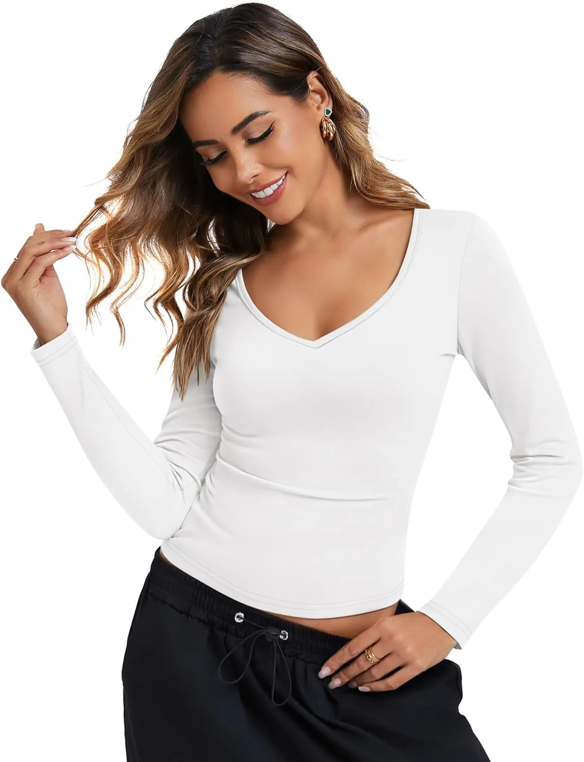 Riyiper 3 Pack Women's Long Sleeve Crop Tops Y2k Slim Fit Square Crew V Neck Shirts Casual Basics Layering