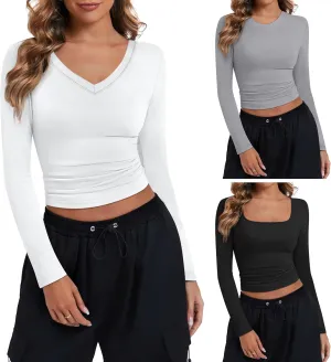 Riyiper 3 Pack Women's Long Sleeve Crop Tops Y2k Slim Fit Square Crew V Neck Shirts Casual Basics Layering