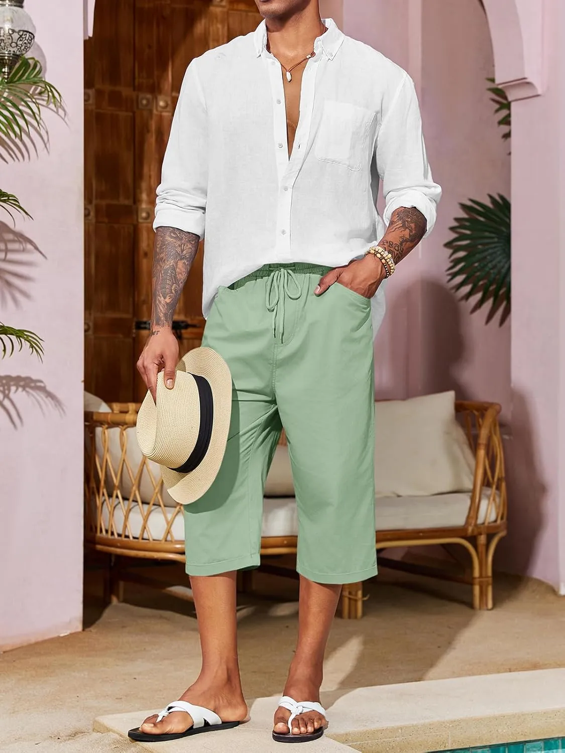 Runcati Mens Harem Capri Pants Casual Elastic Waist Cotton 3/4 Shorts Summer Beach Yoga Tapered Trousers