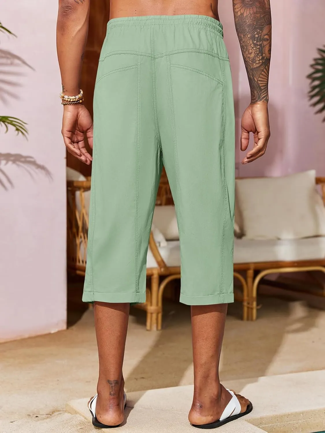 Runcati Mens Harem Capri Pants Casual Elastic Waist Cotton 3/4 Shorts Summer Beach Yoga Tapered Trousers